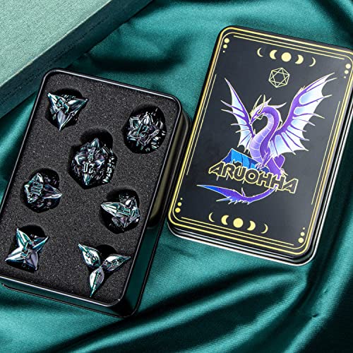 Aruohha Dnd Metal Dice Set Purple Green Dungeons And Dragons Dice With Box, 7Pcs Leaf Design D&D Dice Handmade Polyhedral Dice Rpg D And D Role Playing Games Dice D20 D12 D10 D8 D6 D4 #TOP5
