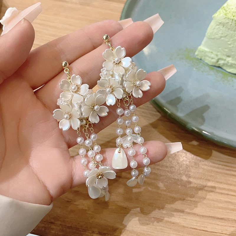 White Flower Pearl Earrings for Women Acrylic Tassel Flower Floral Dangle Drop Long Earrings for Women - Image 7