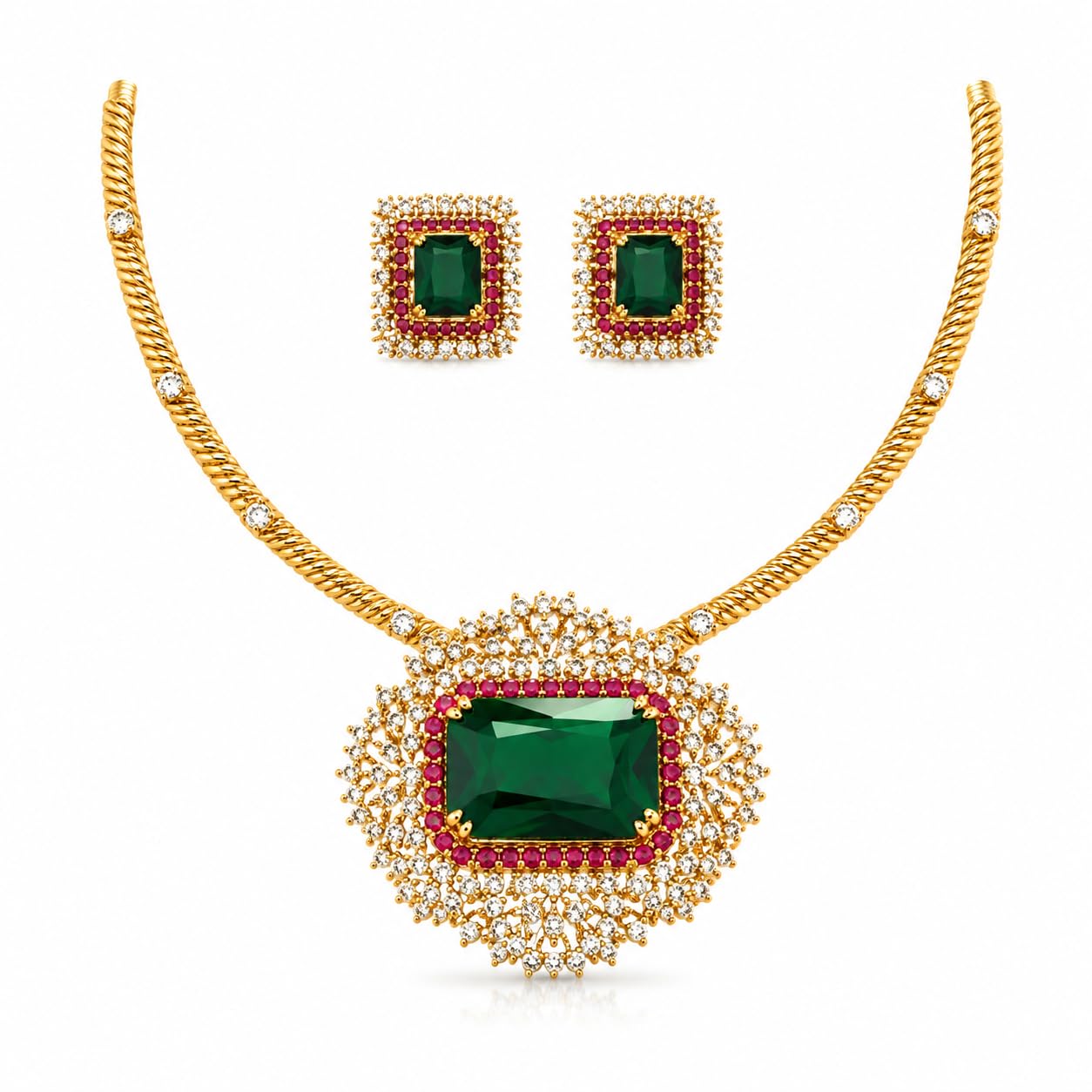 Premium Emerald Green Stone Necklace Set for Women | Gold Tone Choker Jewellery Set with Earrings | South Indian Bridal Jewellery | Traditional Wedding & Festive Jewel-image-20