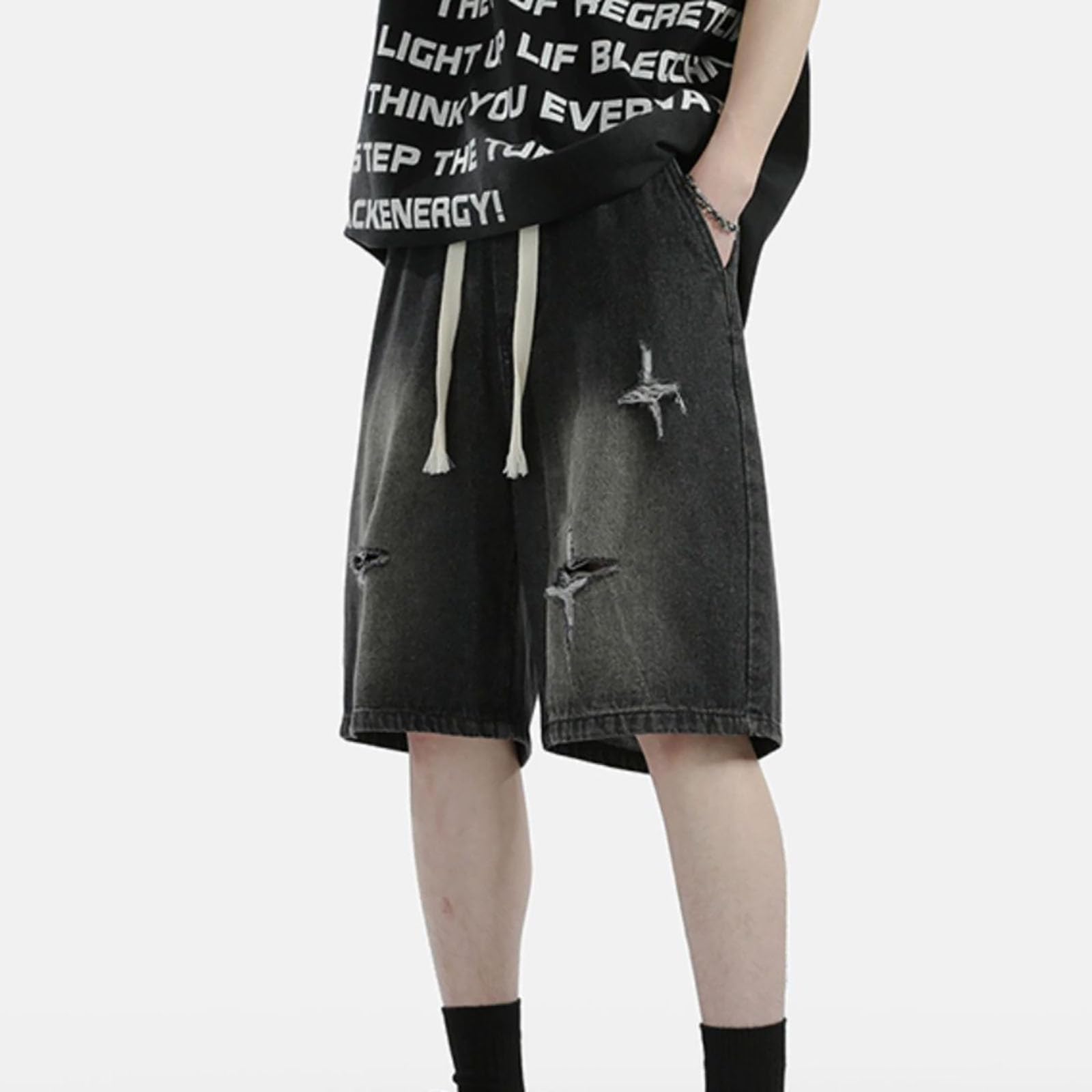 Y2k Y2k Short en Jean Baggy pour Homme Motif étoiles Patchwork Jambe Large Hip-hop Jorts Y2k, Noir, Taille