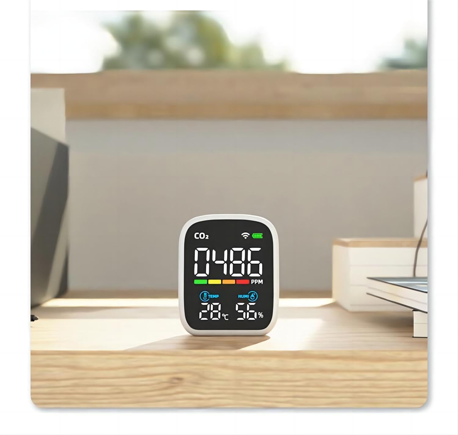 Air Monitor Indoor CO2 Messgerät, NDIR Luftqualität Raumluft Monitor, WiFi Stromsparen CO2 Melder mit tragbare Alarm, CO2 Thermometer mit Digitalen, Temperatur Luftfeuchtigkeit