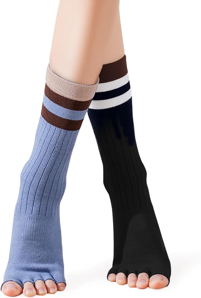 Womens Pilates Yoga Toe Socks with Grips Non Slip Cushioned Crew Socks Mid Calf for Barre Ballet