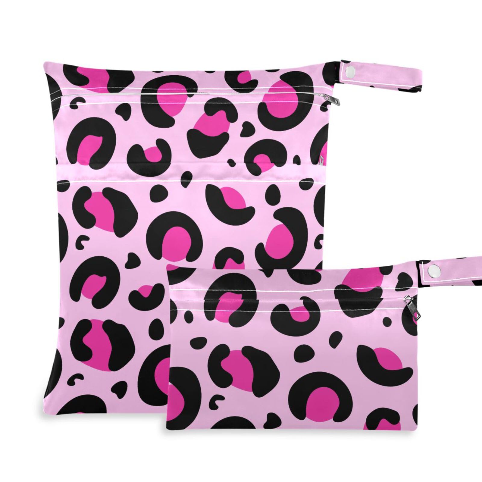 susiyo 2 Pcs Wet Dry Bag Leopard Black Pink Waterproof Reusable Baby Cloth Diaper Wet Bags with 2 Zipper Pockets for Breast Pump Parts Travel Beach Pool Gym Yoga Swimsuits Wet Clothes