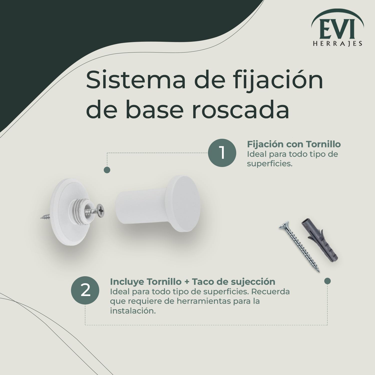 EVI Herrajes Percha de Baño | Colgador de Pared de Acero Inoxidable | Lacado Blanco | Para Colgar Ropa, Abrigos o Toallas| Toallero con Tornillo Invisible | 190CBBL