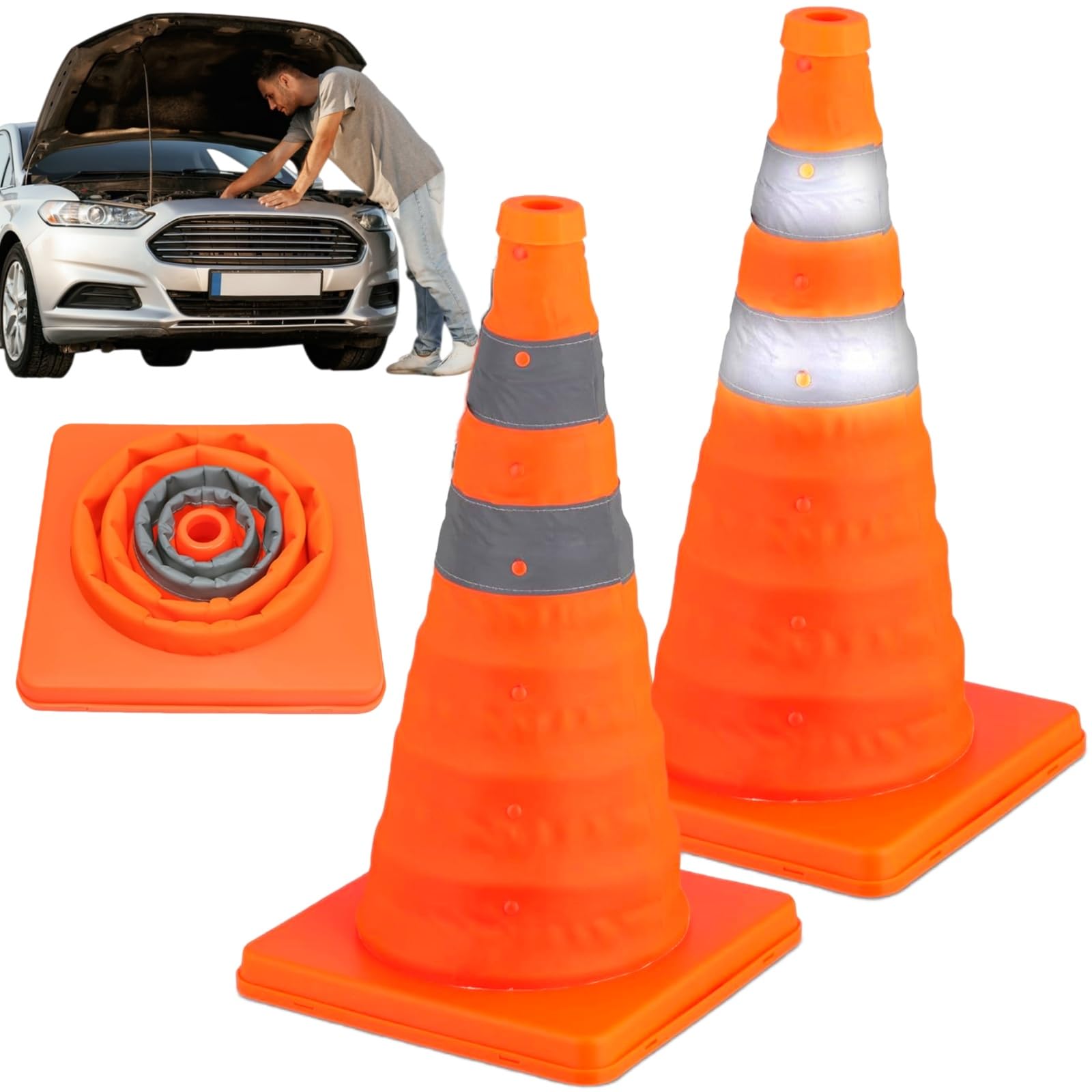 Cônes de Signalisation,Plot,2pcs Cônes Circulation,Cône de Signalisation,Cônes de Sécurité avec Bandes Réfléchissantes,Cônes de Sécurité de la Circulation Pliables,Cônes Pop-Up Polyvalents,45cm