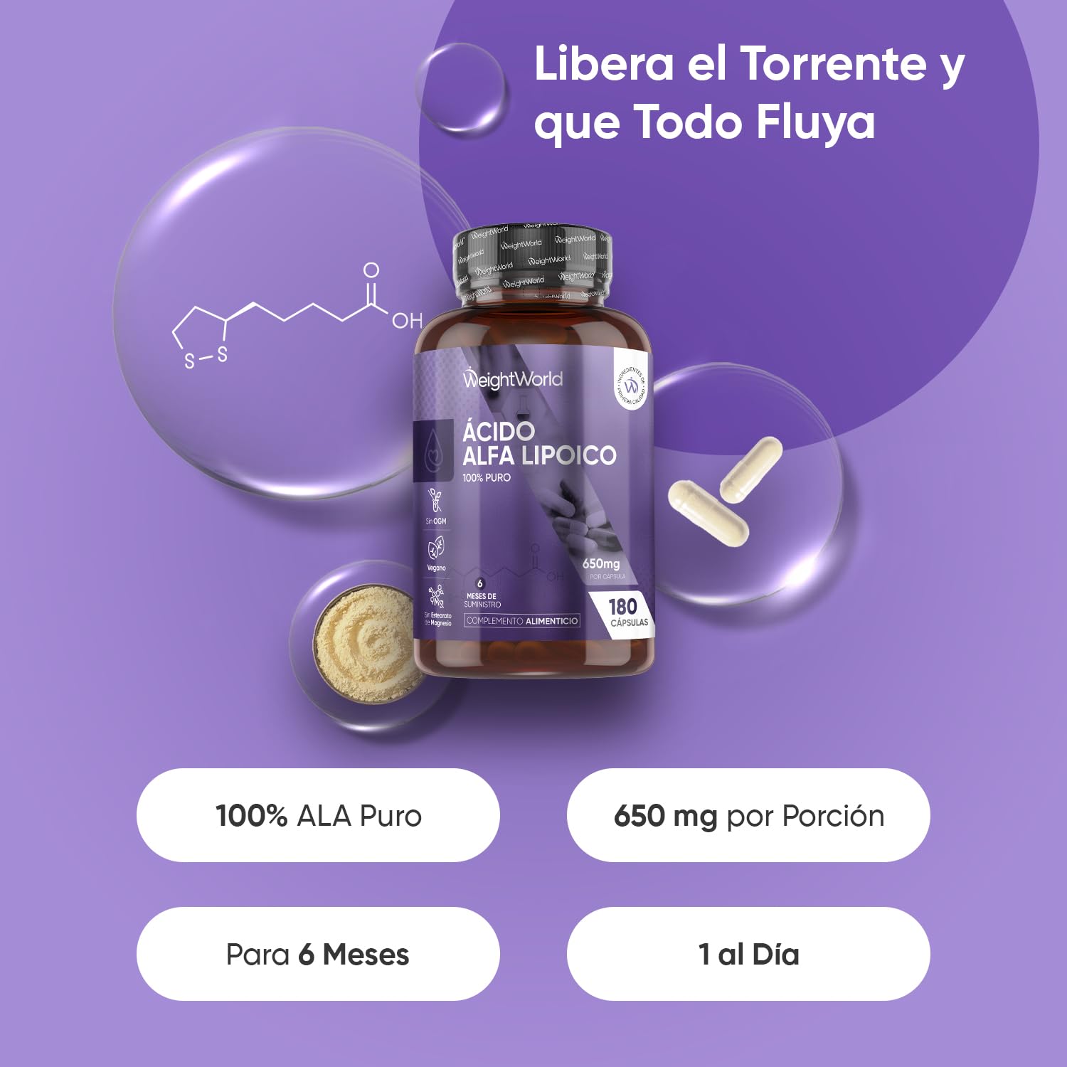 Ácido Alfa Lipoico 650 mg - 180 Cápsulas de ALA 100% Puro para 6 Meses - Sin OGM ni Aditivos, Apto para Dietas Vegana, Sin Estearato de Magnesio y Sin Gluten