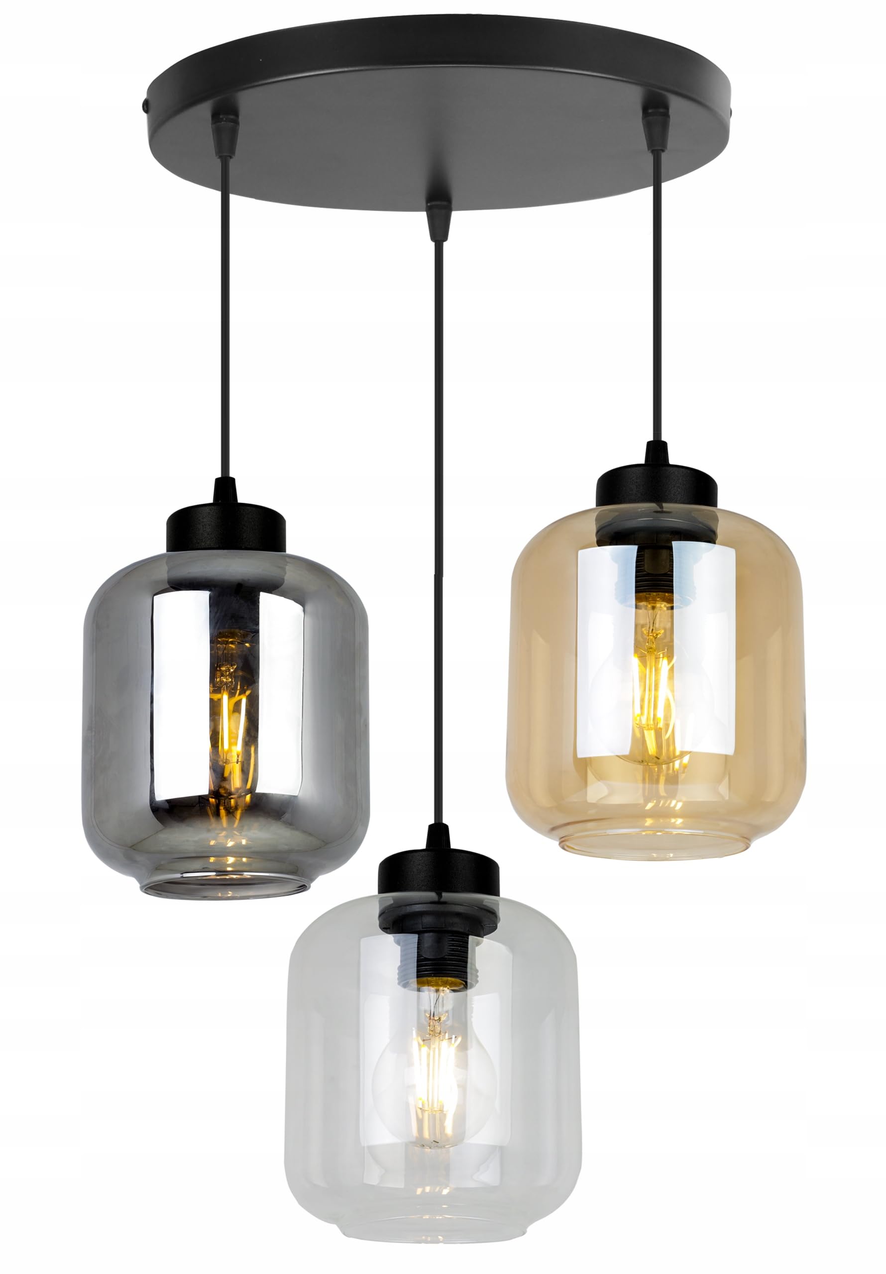 Plafonnier suspendu Novalja Light-Home - Lustre de plafond pour chambre salon et cuisine style industriel loft moderne 3x E27 - Abat-jour en verre mix incolore miel gris - base noire