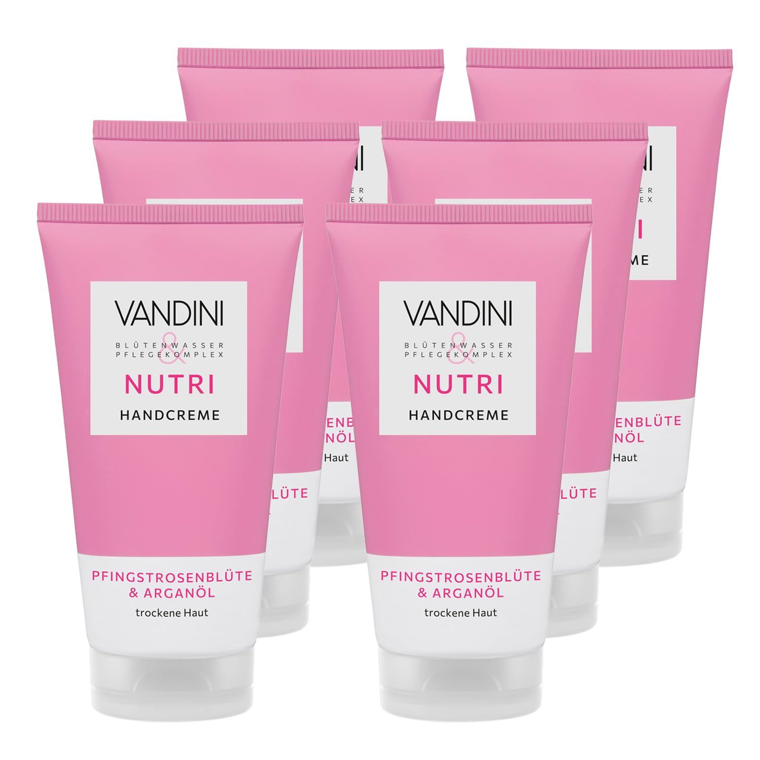 VANDINI NUTRI Crema de manos para mujer, 6 unidades, 75 ml, con flor de peonía y aceite de argán, crema de manos para piel seca, vegana, sin parabenos ni siliconas, dermatológicamente probada