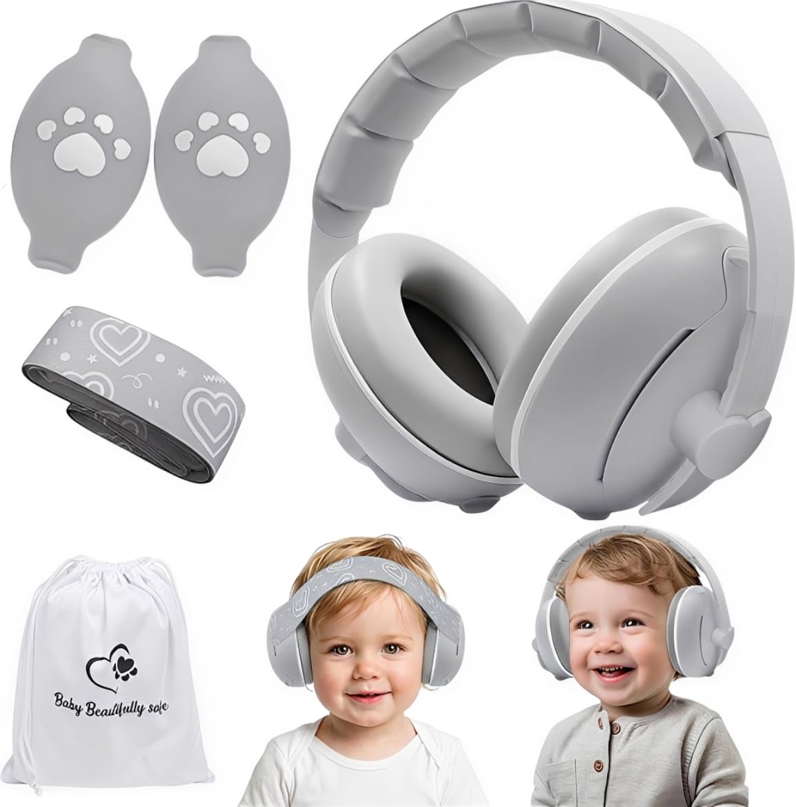 NAYEZH 2-in-1 Noise Reduction Baby Ear Defenders for 0-48 Months, Infant Hearing Protection Earmuffs for Sleep & Plane Trip, Grey