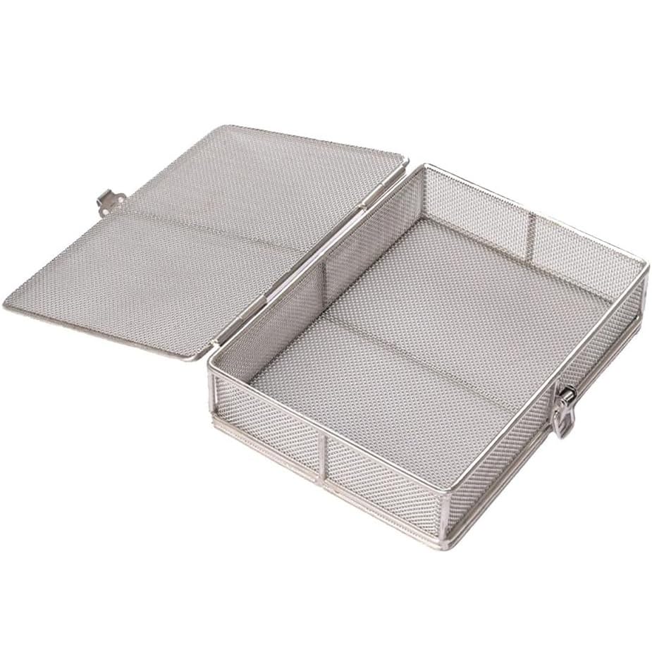 Cestas de esterilización Perforadas de Malla de 1mm Bandeja de Instrumentos quirúrgicos Caja de desinfección de Acero Inoxidable con Tapa,350×250×70mm