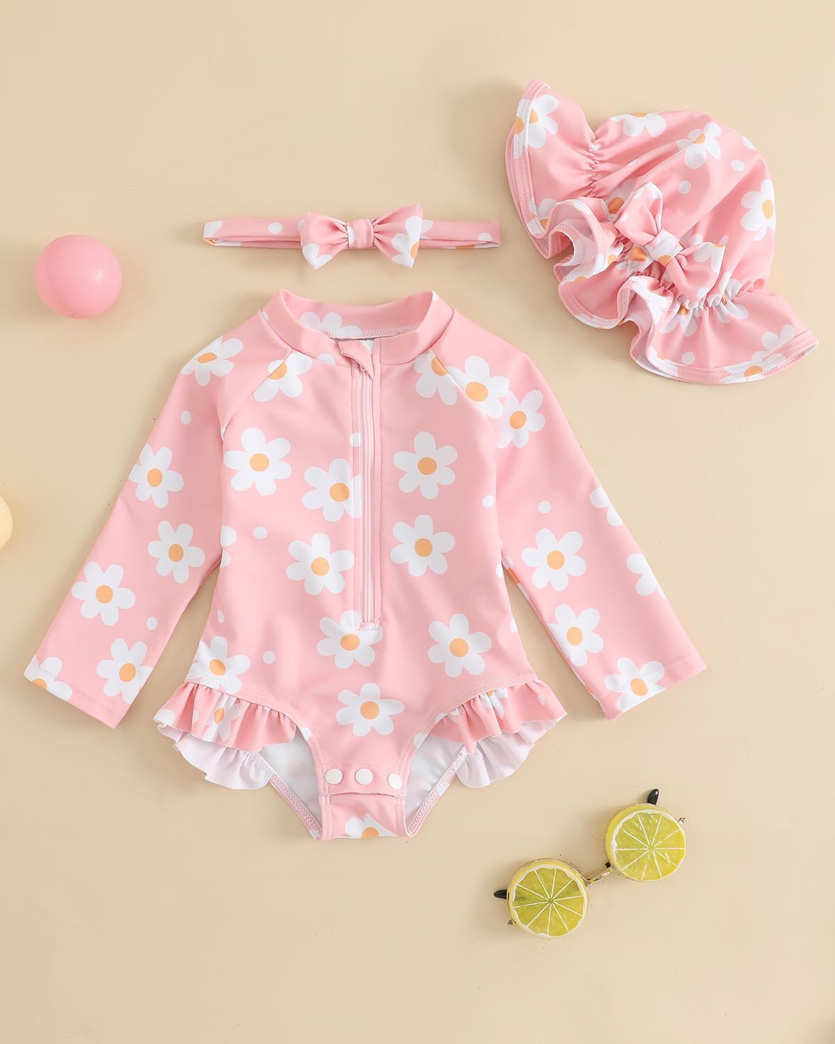Maillot de Bain Bebe Fille Anti UV 3 Mois - 3 Ans, UPF 50+ Combinaison Bebe 3 Pièces avec Chapeau & Bandeau, Maillots Bain Bébé avec Pressions