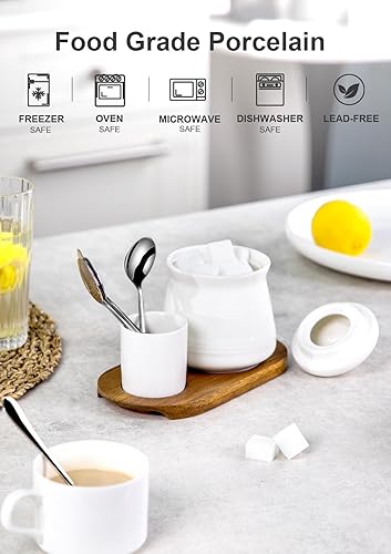 Miniatura 8 de Nucookery Juego de azúcar y crema de cerámica, azucarero con tapa y cucharas de acero inoxidable, jarra de crema de 8 onzas, color blanco
