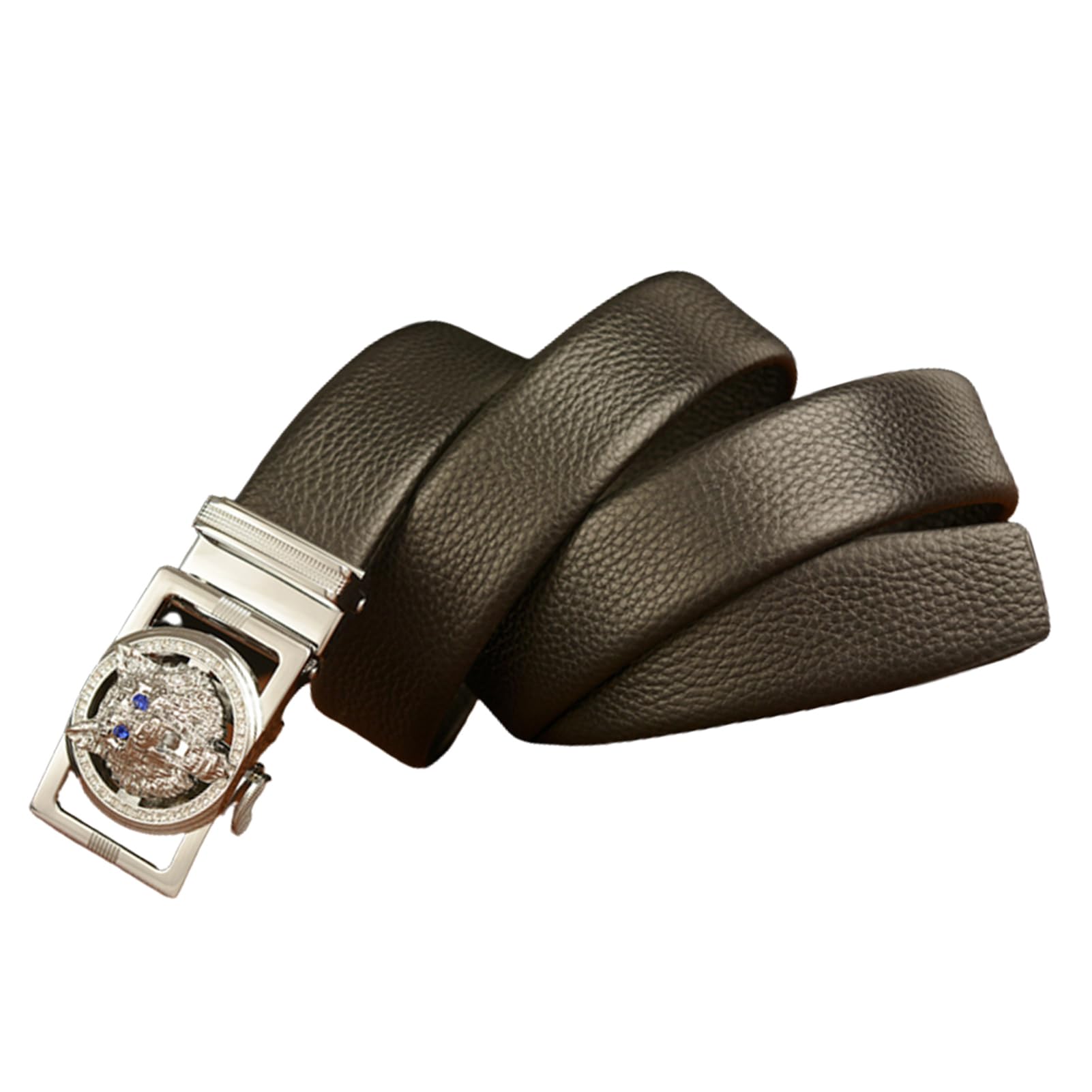 Cinturón De Trinquete Deslizante Neutro Con Hebilla Automática Grabada Diamantes Imitación Cabeza Lobo Plateada - Negro (cintura 110 Cm/36 "-38")