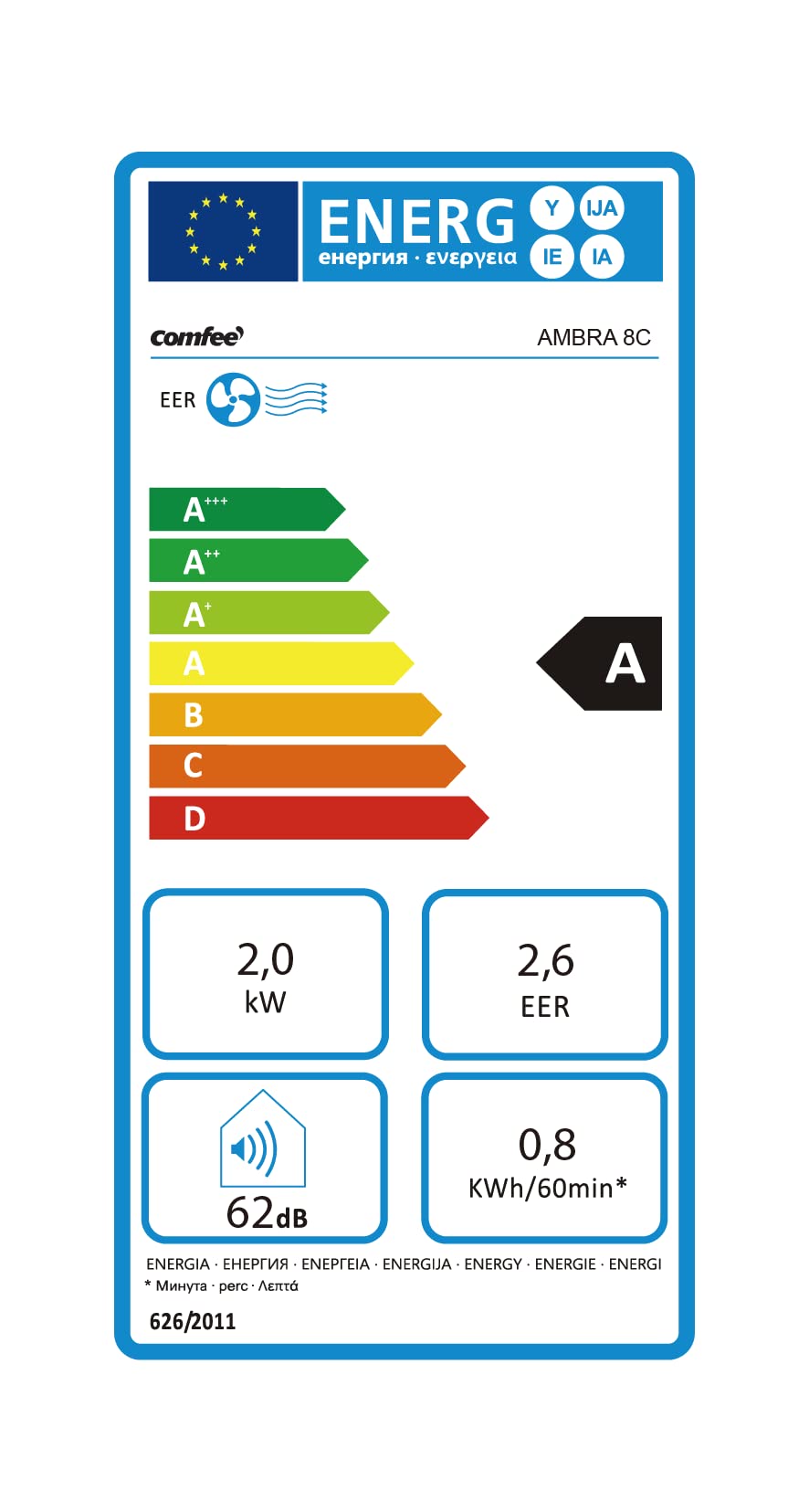 COMFEE' Climatiseur portable 7000 BTU/H, AMBRA 8C, 2,0 kW, 25㎡/68 m³, 3 en 1 climatiseur portable, ventilateur, refroidissement, déshumidification, 24H minuteur, mode de sommeil, fonction suivi