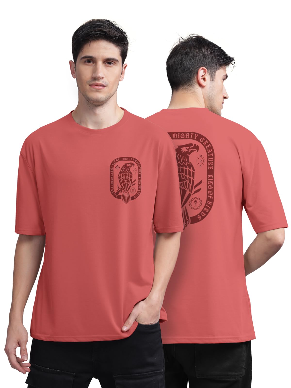 BULLMER Beige Front and Back Printed/Colourblock Baggy/Oversized Tshirt for Men