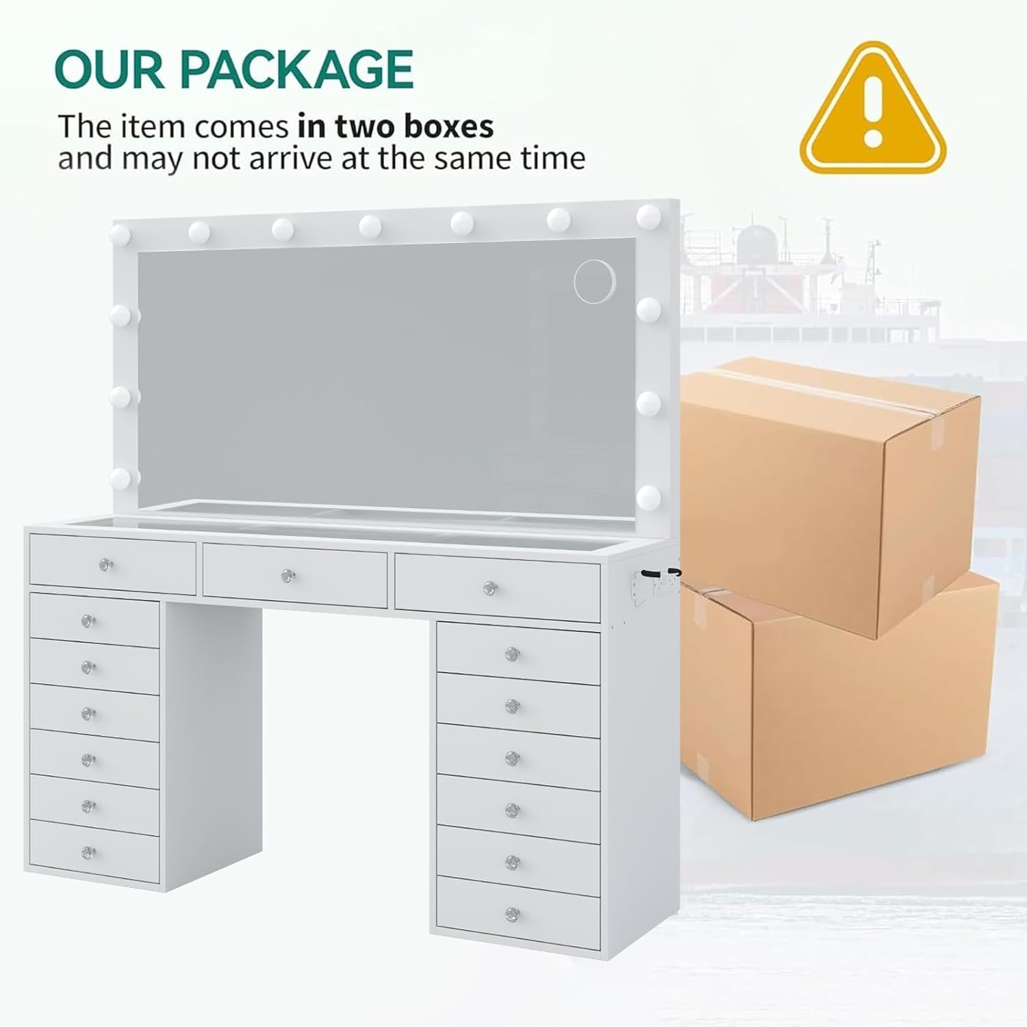 55" W Vanity Desk, Makeup Vanity with Charging Station, 15 Drawers with Lighted Mirror, 3 Lighting Modes, Brightness Adjustable, Glass Top, Vanity Table with Chair for Bedroom 15 Drawers White