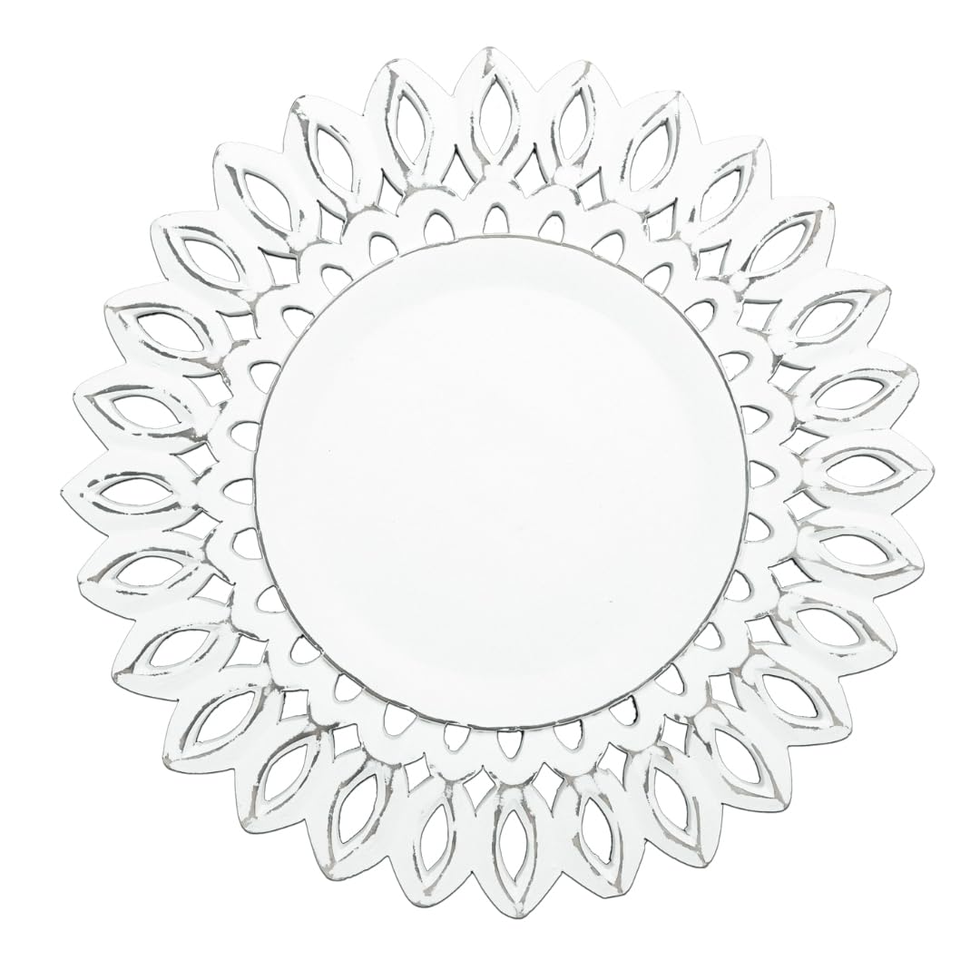 White Wood Charger for Dinner Plates Set of 2 - Decorative Sunflower Design 13 Inch Round Wooden Placemat for Dining Table Décor, Family Gathering, Wedding, New Year, Party, Events & Everyday Use