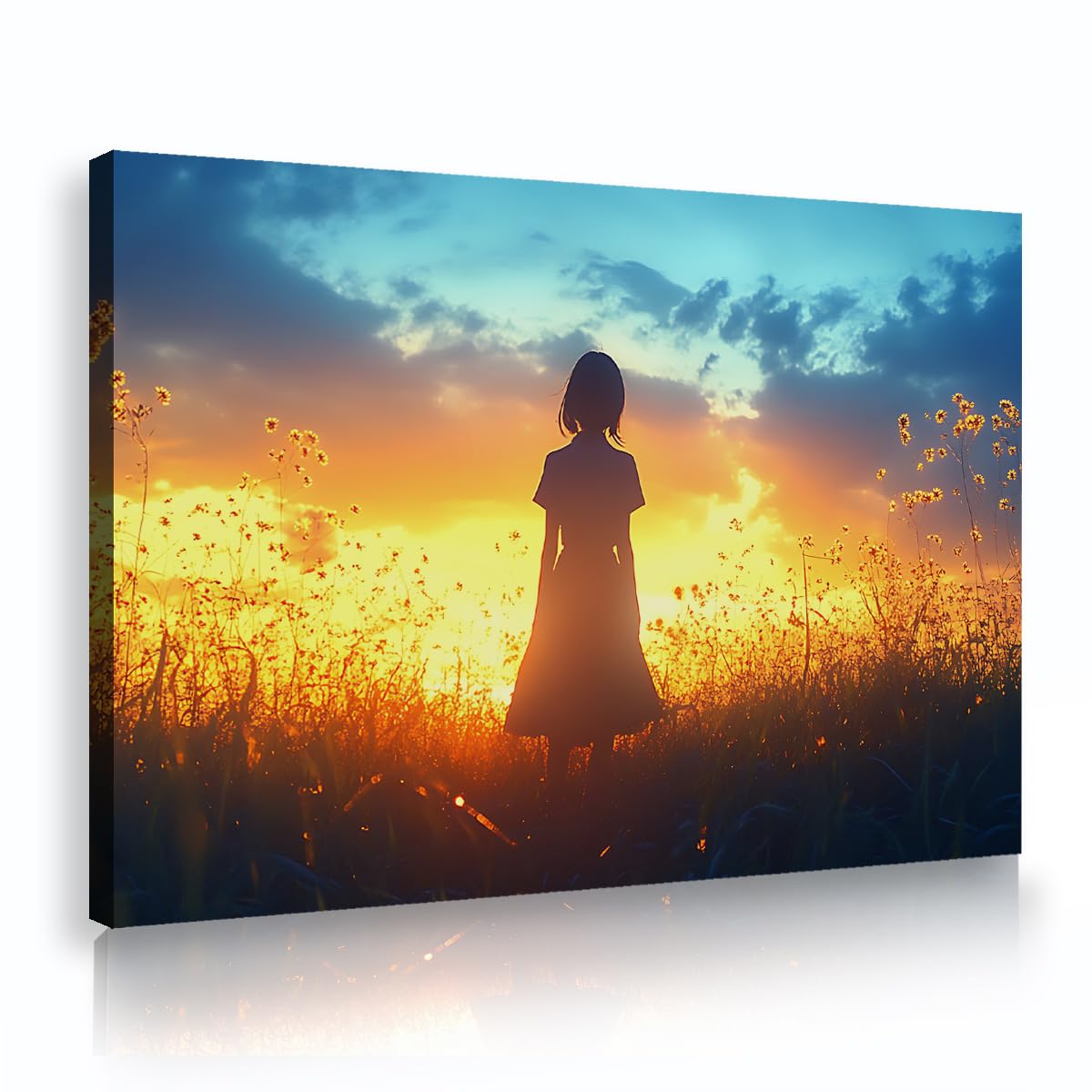Via Vela Anime Girl Sunset Framed Art Prints Whimsical Silhouette Meadow Flower Picture Aesthetic Orange Blue Sky Canvas Picture For Teen Girls Room Bedroom 70x110cm