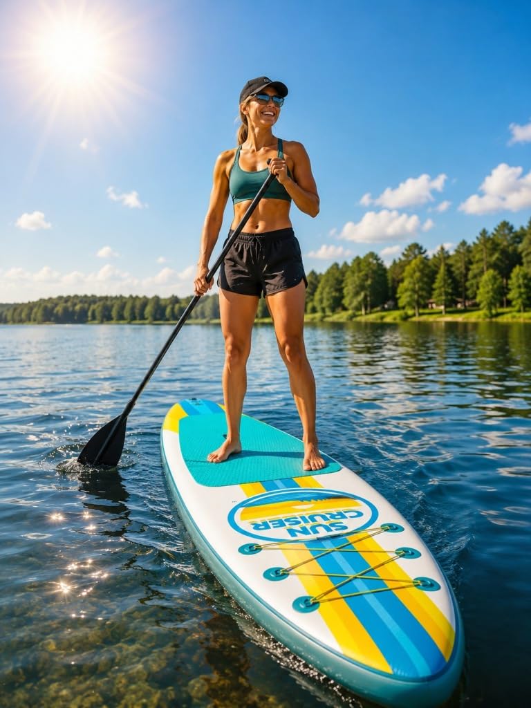 SUP Board Palm Beach 335x82x15cm Aufblasbar Set Paddel Pumpe Leash | Rutschfeste EVA-Fläche, Premium-Material, 3-teiliges Paddel, Finne, Reparaturset, Rucksack inklusive
