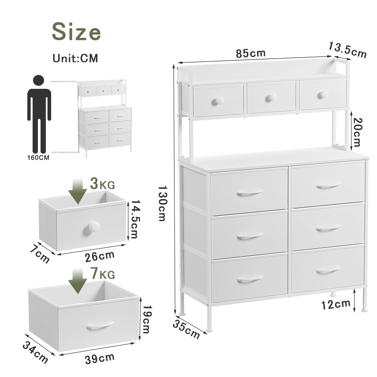 Cassettiera a 9 cassetti per Camera da Letto con Maniglie, Piano in Legno, Struttura in Metallo, cassettiera Alta per Camera da Letto, Soggiorno, Bianco