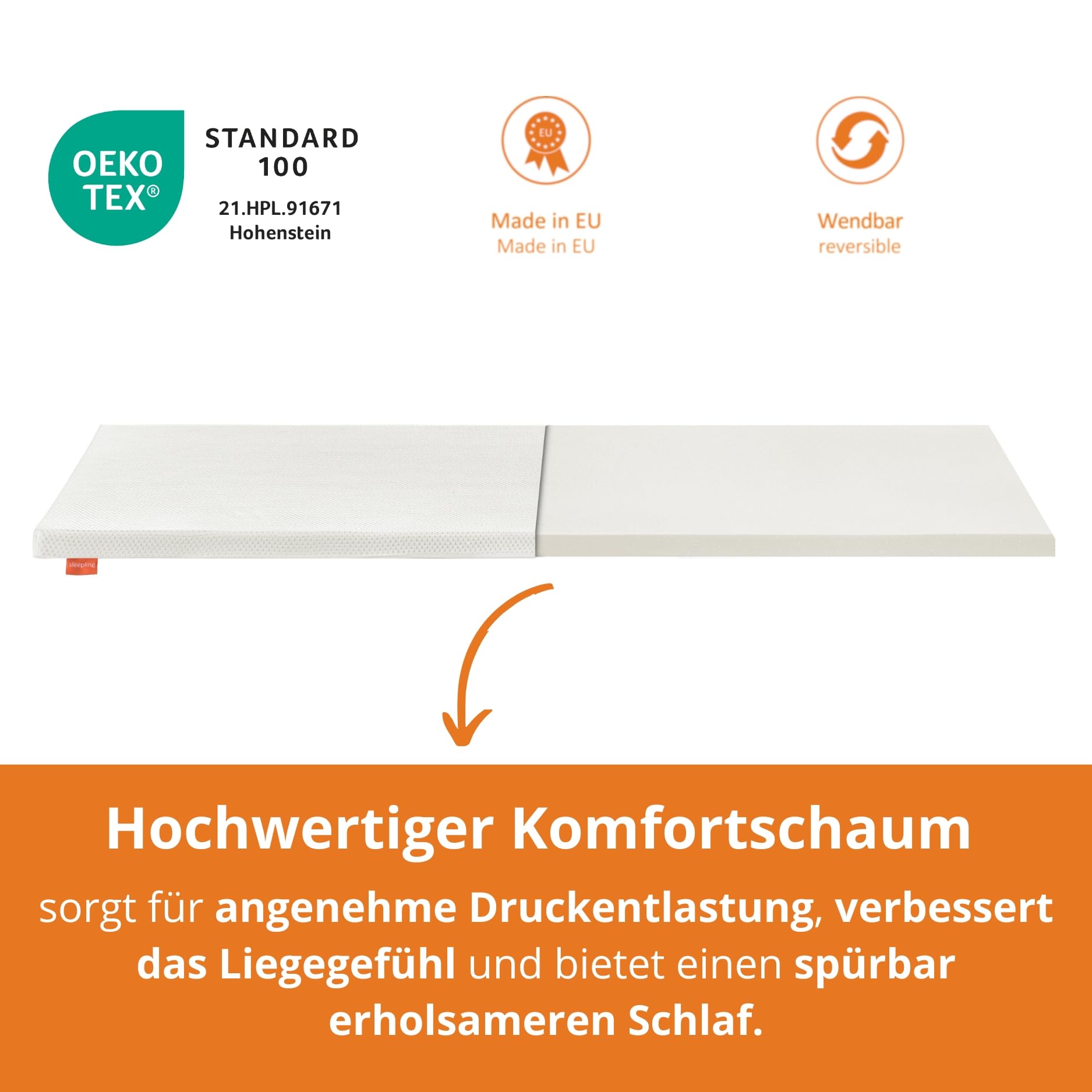 sleepling extra Fester Topper 140x200 cm, Härtegrad 4 ab 100 kg, Matratzenauflage 5 cm hoch, Matratzentopper 140 x 200 x 5 cm mit Eckgummis, Komfortschaum, Made in EU, Oeko-TEX, waschbar bis 60 Grad
