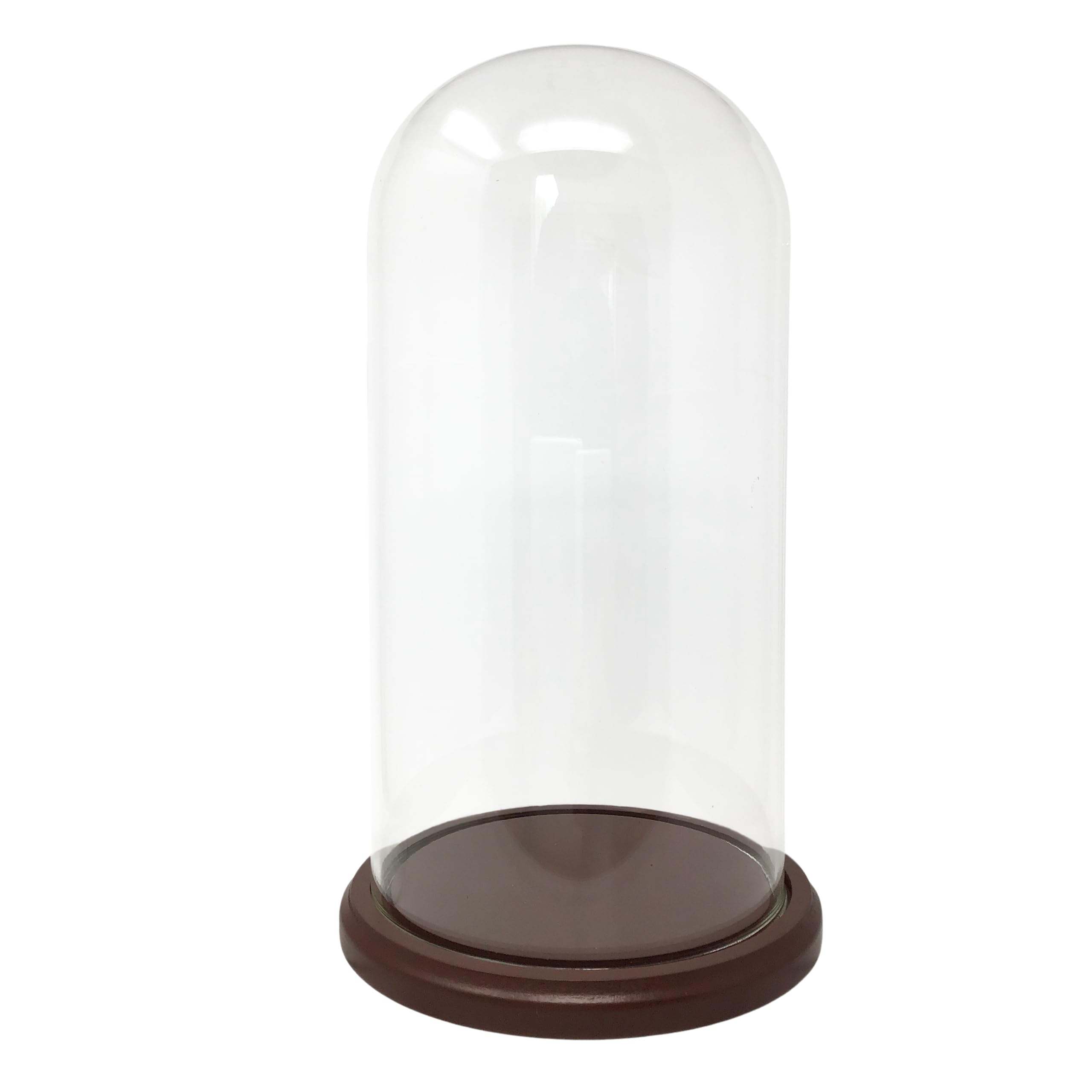 BANBERRY DESIGNS Clear Glass Dome with Hook and Base - Display Cloche - Funtional Protector of Figures and Dolls - Glass Cover Measures 11" H x 5 1/8" D - Wooden Base is 6.5" D