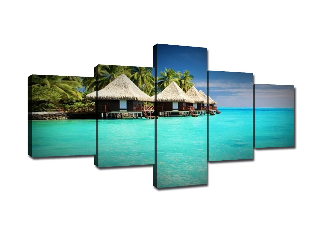 Wall Pictures for Living Room Tropical Beach and Sea Scenery Paintings Multi Panel Canvas Wall Art Modern Blue Artwork House Decor Giclee Wooden Framed Ready to Hang Posters and Prints(50''Wx24''H)