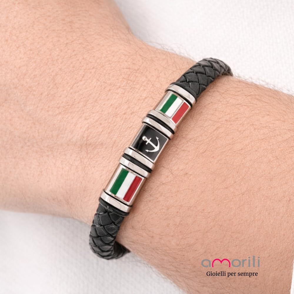 Bracciale Ancora Uomo con Bandiera Italiana in Acciaio Inox e Pelle Intrecciata – Gioiello Maschile Stile Nautico – Accessorio Resistente – Idea Regalo Uomo