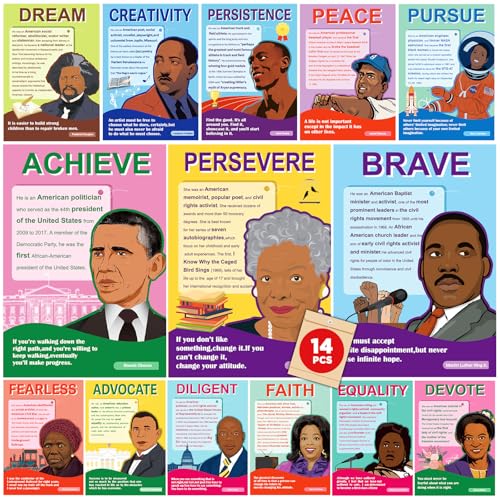 Wiooffen 14Pcs Black History Month Posters Classroom Decoration African American Inspirational Art Posters for Middle School High School Classroom Library Office History Classroom Decor Homeschool
