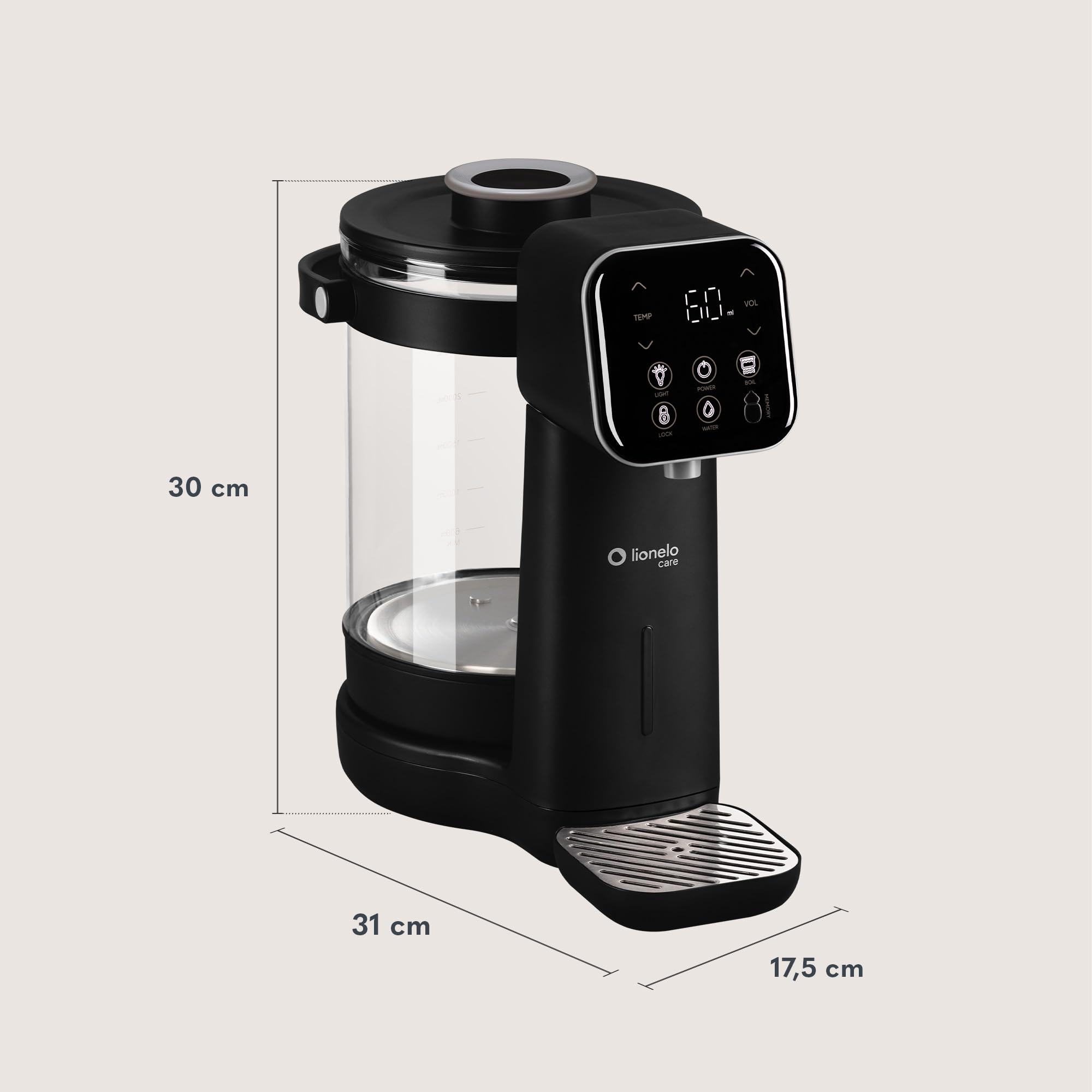 Lionelo BABYPRESTO 2.0 Preparatore Istantaneo di Latte in polvere con Temperatura Regolabile 40-100°C, Dosaggio Automatico 30-300 ml, Formula Scaldabiberon, Dispenser Acqua 3L, Declorazione, Igiene UV