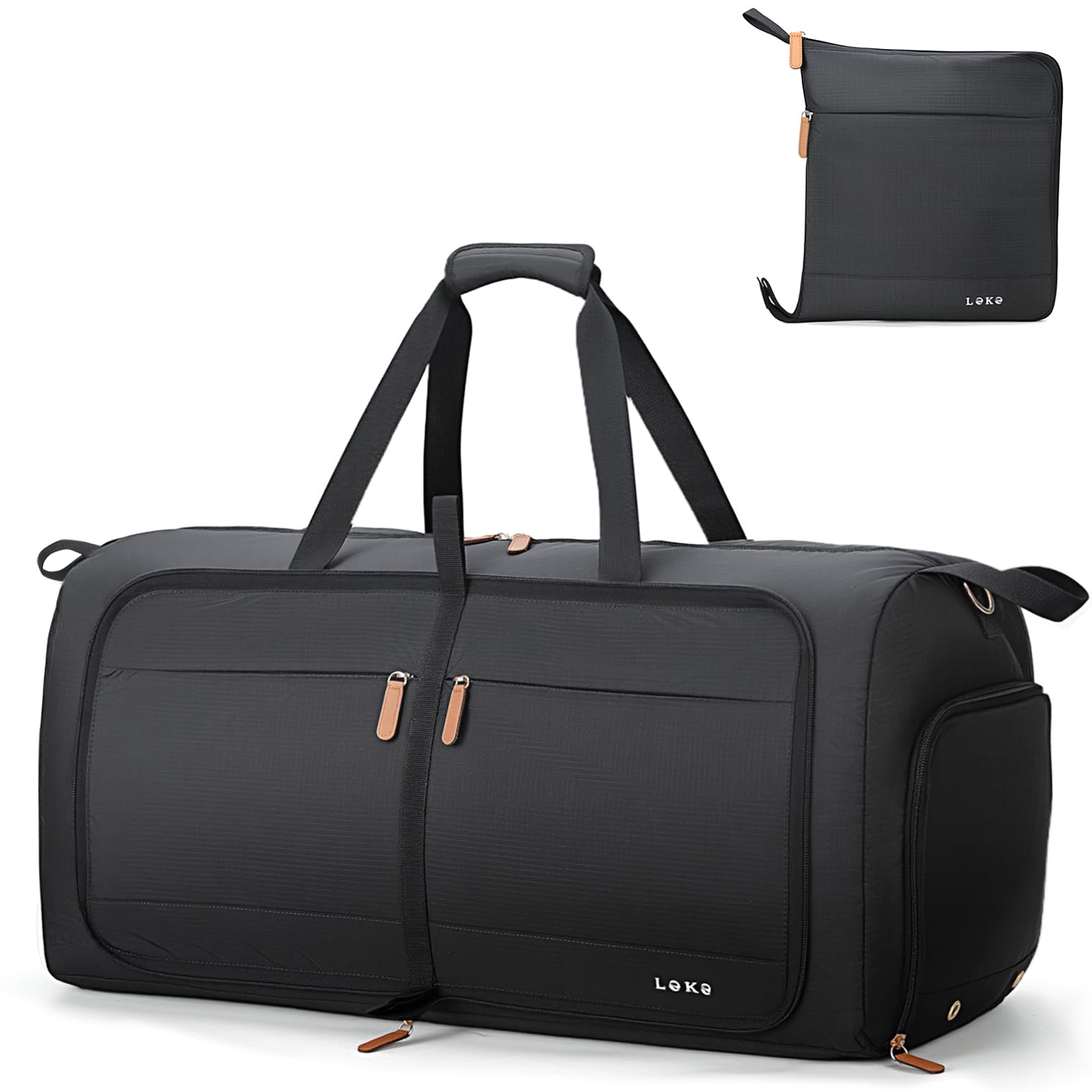 Lekesky Foldable Travel Duffle Bag for Women, 100L Large Duffel Bag with Separate Shoes Compartments &amp; Straps, Carry On Weekend Bag for Women, Hospital, Overnight (Black)