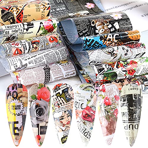 Retro Holographic Nail Art Foil Transfer Stickers, Newspaper Letter Nail Foil Adhesive Decals English Letters Flower Butterfly Cool Romantic Punk Designs for Acrylic Nails Supplies Decorations 10PCS