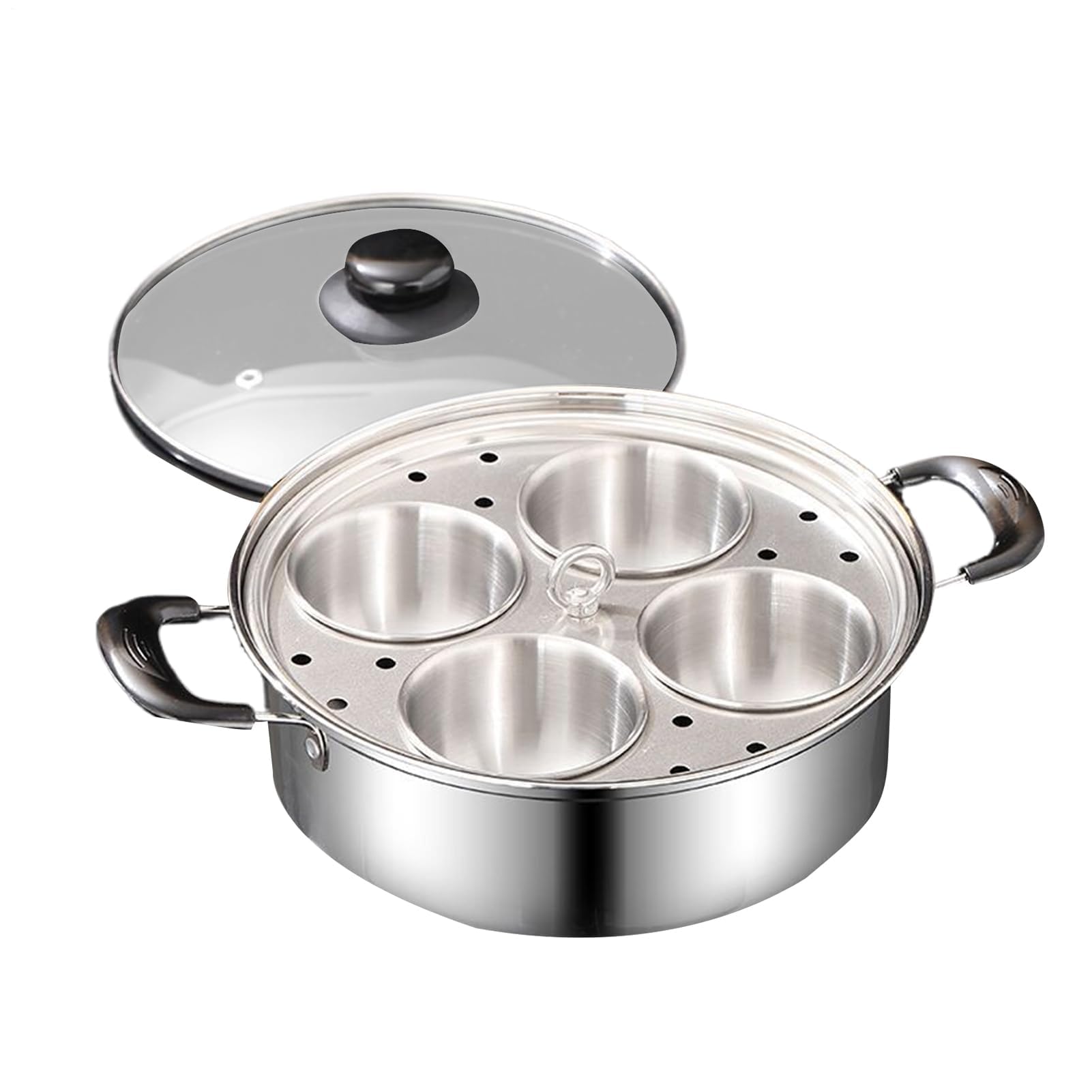 Sartén para escalfar huevos de acero inoxidable, diseño desmontable de 4 rejillas para cocinar huevos al vapor, sopa, olla caliente, cocina de desayuno, adecuada para cocina de inducción y estufa