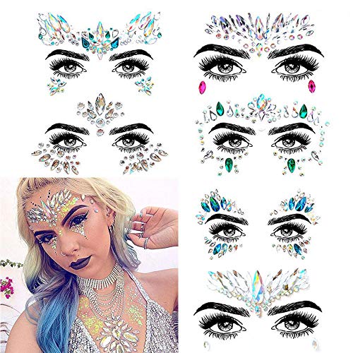 Rocutus 6pcs/set Gem Face Stickers Jewelry Stickers Crystal Tattoo Stickers DIY Crafts Gem Party Body Gems Rhinestone Flash Tattoos Stickers for Body, Makeup, Festival, Carnival