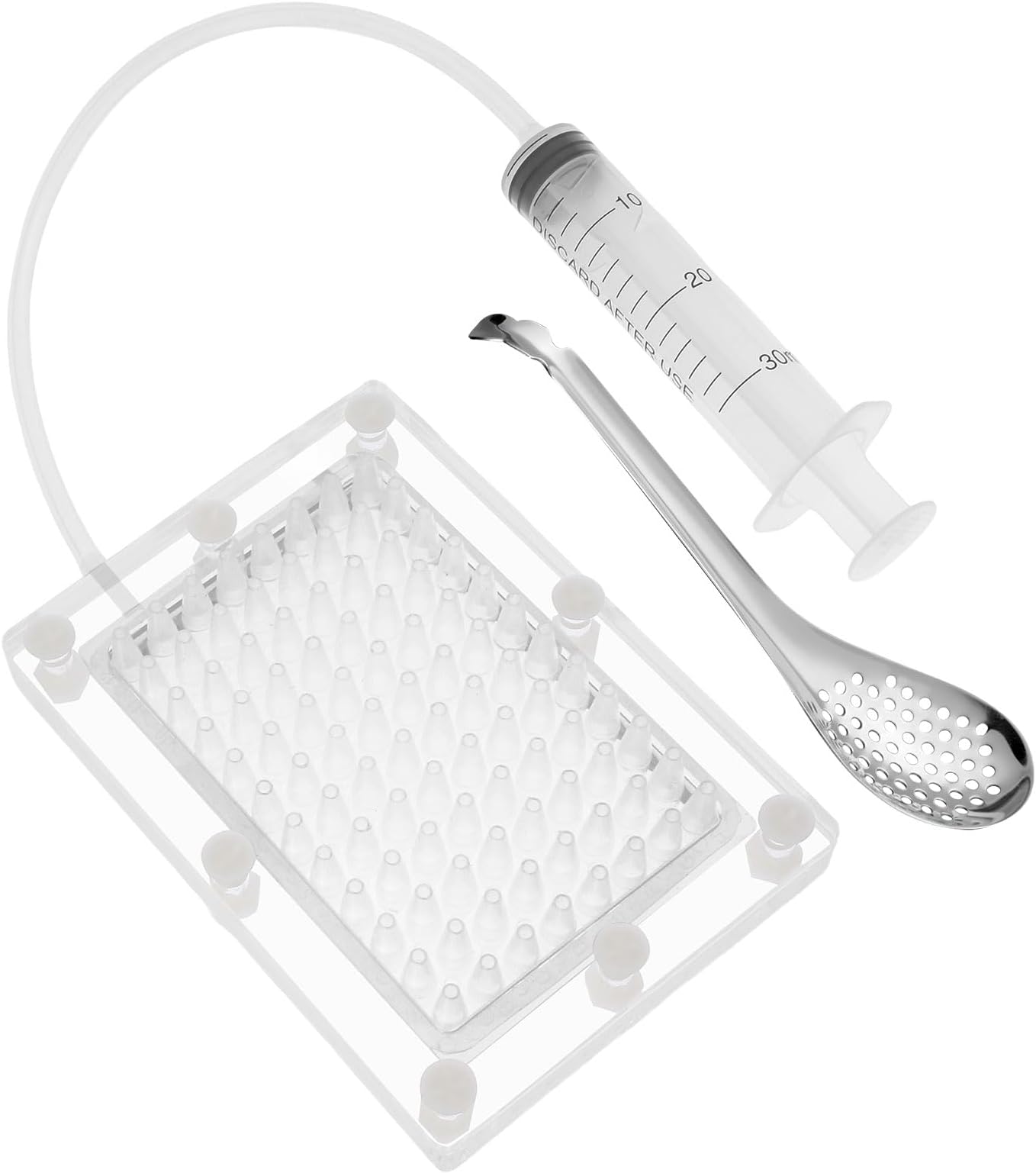 Caviar Maker Box, Spherification Dropper, Molecular Gastronomy Kit, 96 Holes Roe Sauce Dispenser Strainer Tools with Spoon and Syringe, Rapid Caviar Maker Kit for Home