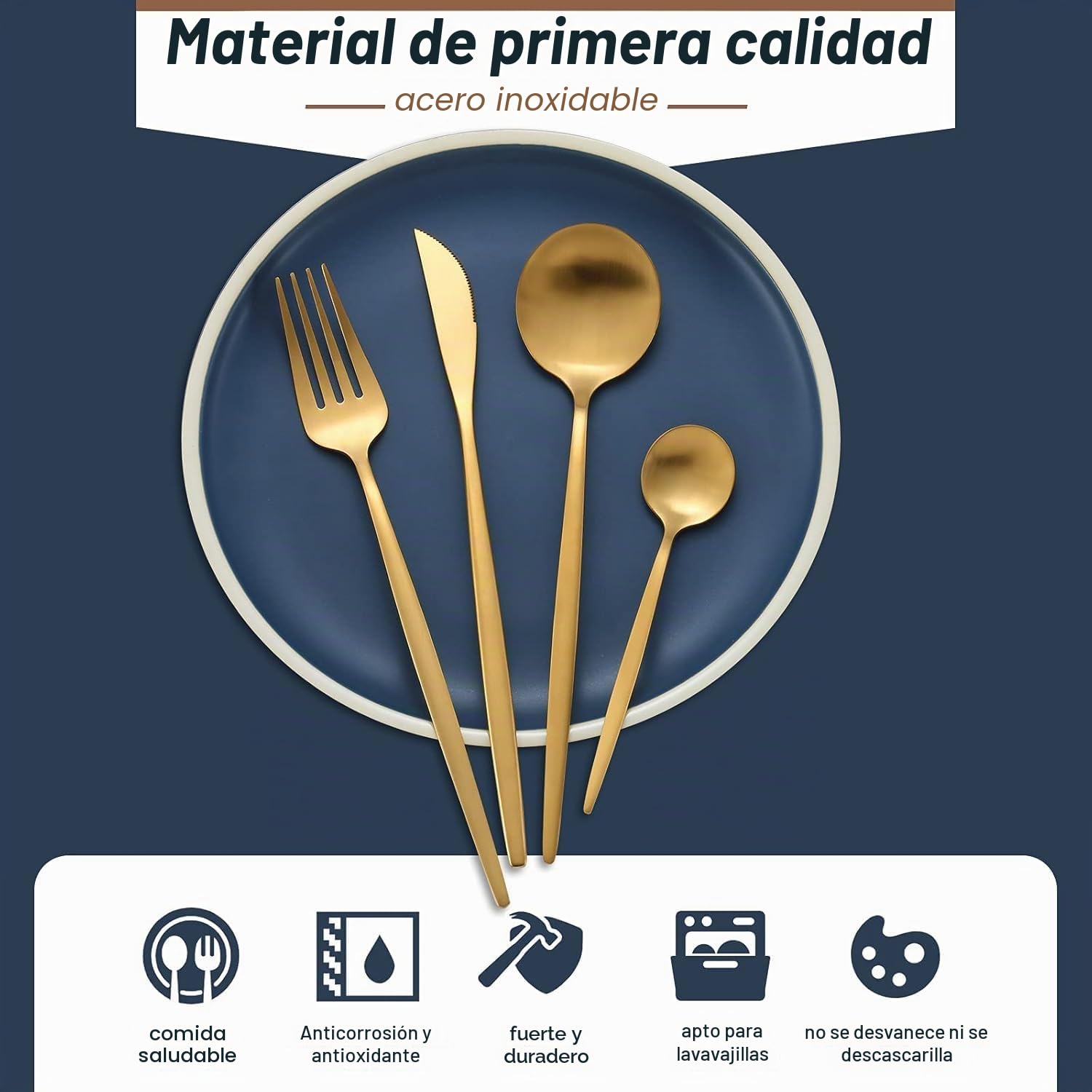 Bestdin Juego de cubertería para 6 personas, 24 piezas, acero inoxidable, color dorado mate, con cuchillo, tenedor, cuchara, acero inoxidable, apto para lavavajillas.