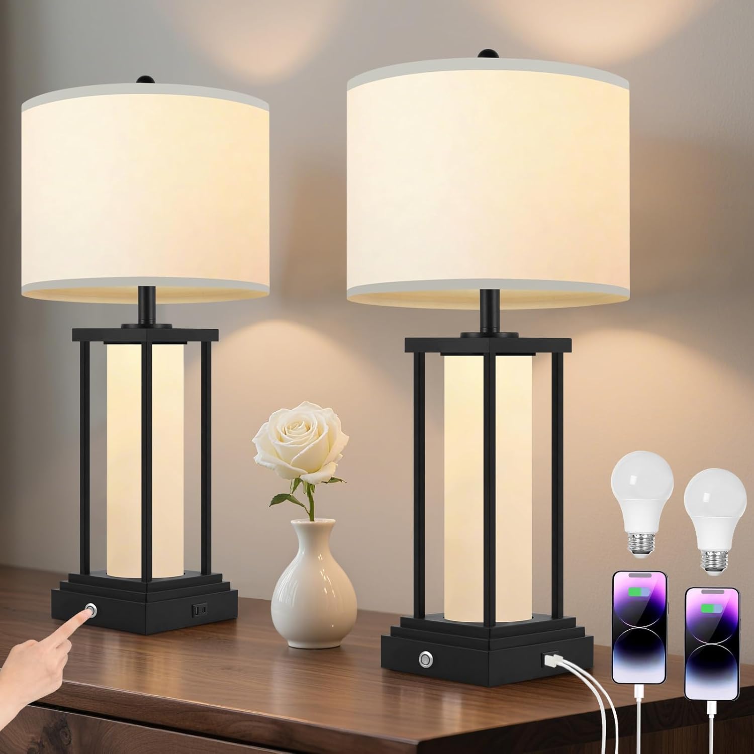 26.8‘’ Living Room Table Lamps Set of 2, Stepless Dimming, 3 Color Temperatures,3 Way Dimmable Table Lamp with USB A+C Ports, Black Nightstand Lamps, Table Lamps for Living Room(Bulbs Included)