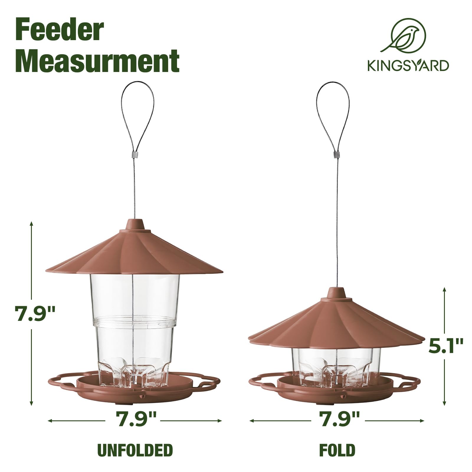 Kingsyard Bird Feeder for Outside Outdoors Hanging, Adjustable Hopper Feeders with Wide Seed Tray and Rainproof Roof, Wild Birds Feeder for Garden Backyard Decoration, 1 pack, Brown - 3