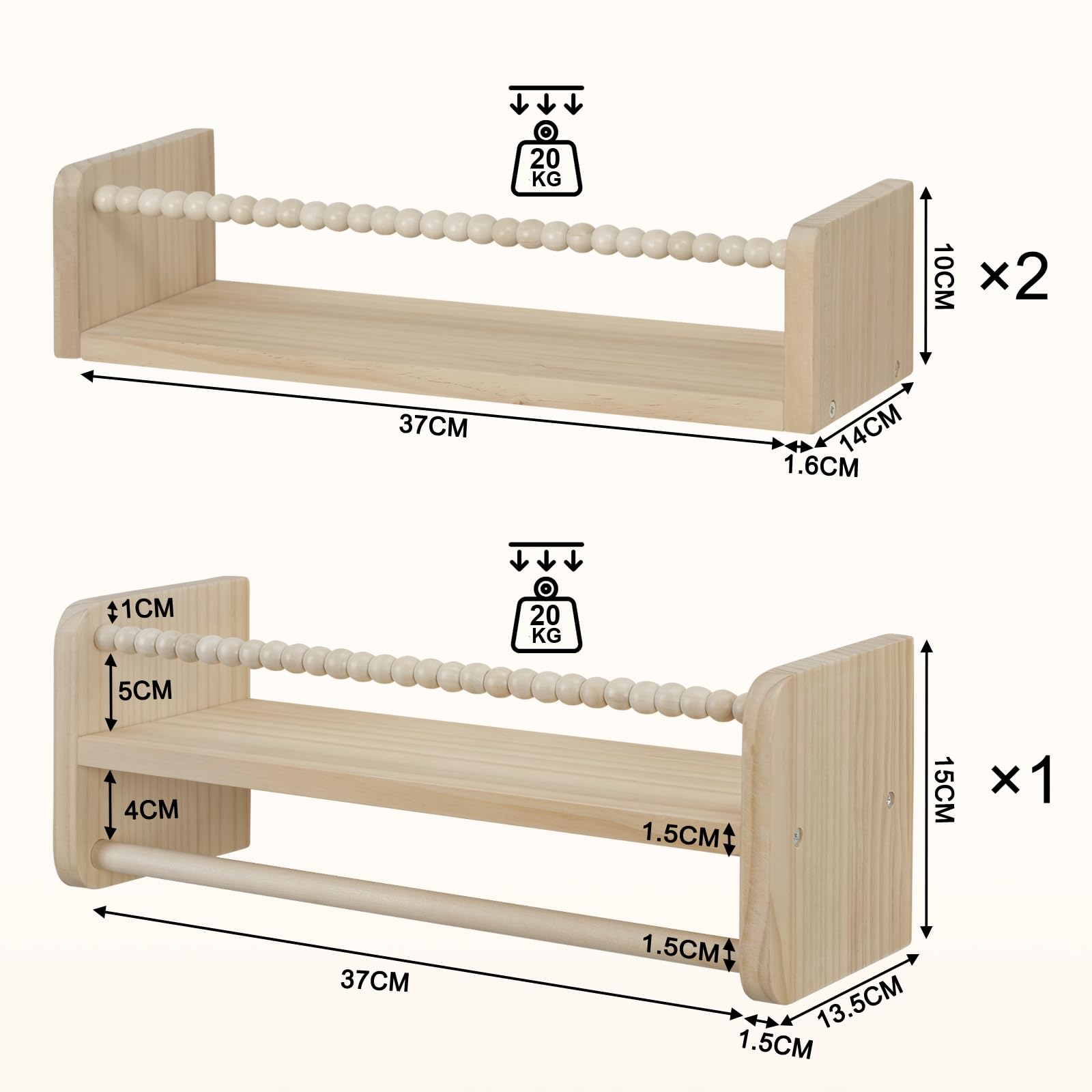 WOLTU Librerie per Bambini da Parete in Legno Massello, 40 cm Set di 3 Porta Libri per Cameretta, Scaffale Libri per Bambini, Librerie da Parete Piccole con Perline