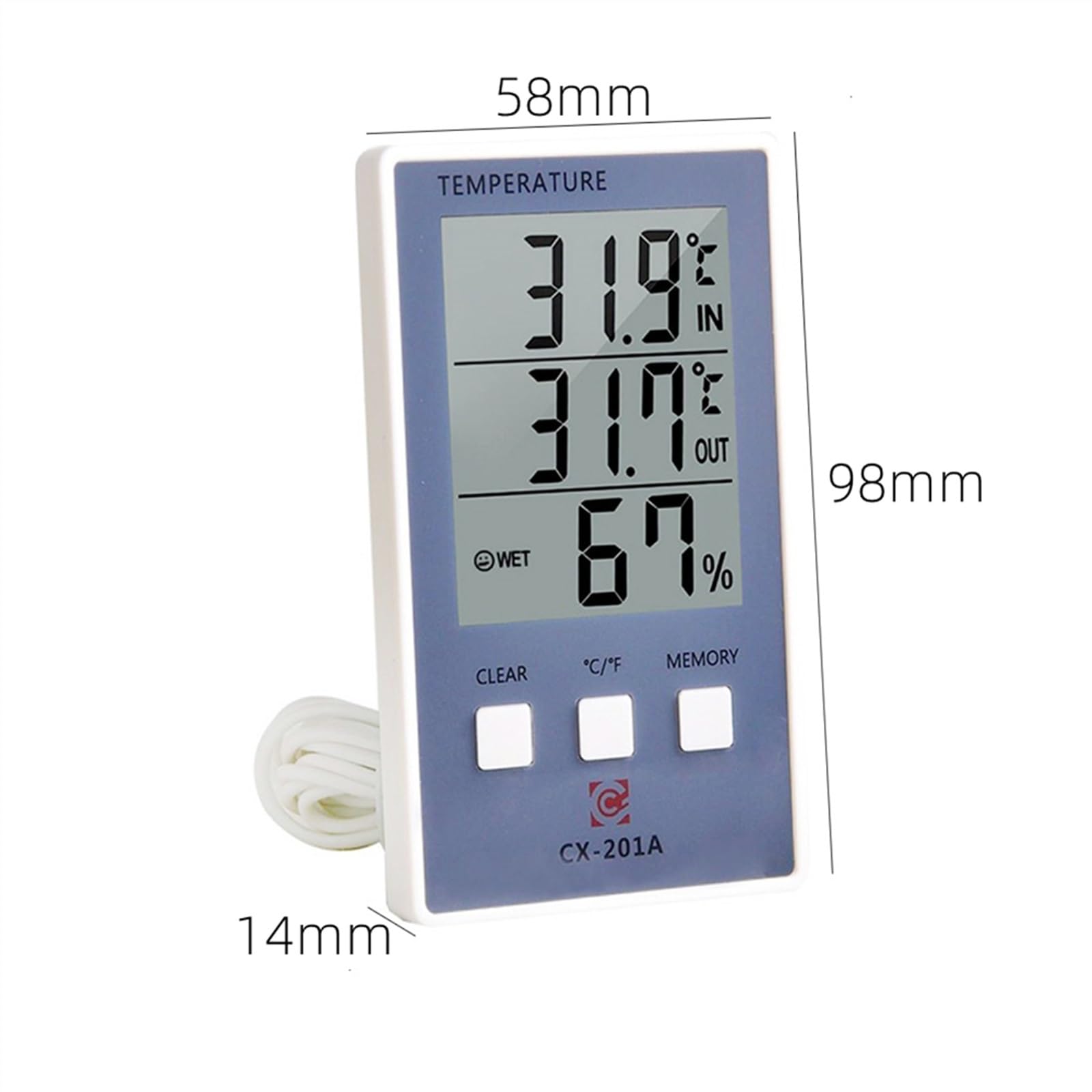 Digitales Thermometer/Hygrometer zur Messung von Temperatur und Luftfeuchtigkeit im Innen- Außenbereich. LCD-Display, Sensor Sonde
