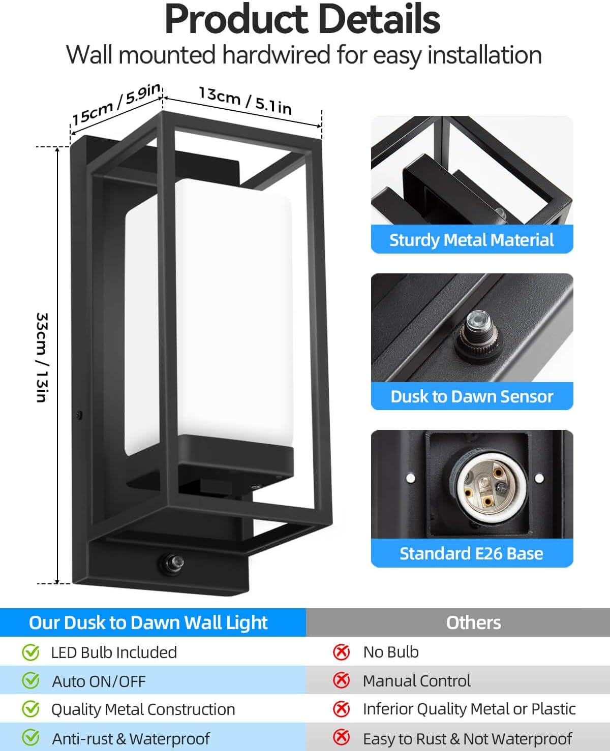 RAYVO Modern Outdoor Wall Light with Dusk to Dawn Sensor, Waterproof Exterior Lighting Fixtures with E26 Base, 3000K LED Bulb Included, Black Outdoor Sconce Lights for Porch Garage Entryway, 2 Pack