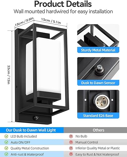 Miniatura 5 de RAYVO Moderna lámpara de pared para exteriores, marco de metal negro, sensor de atardecer a amanecer (3000 K blanco suave, 2 unidades)