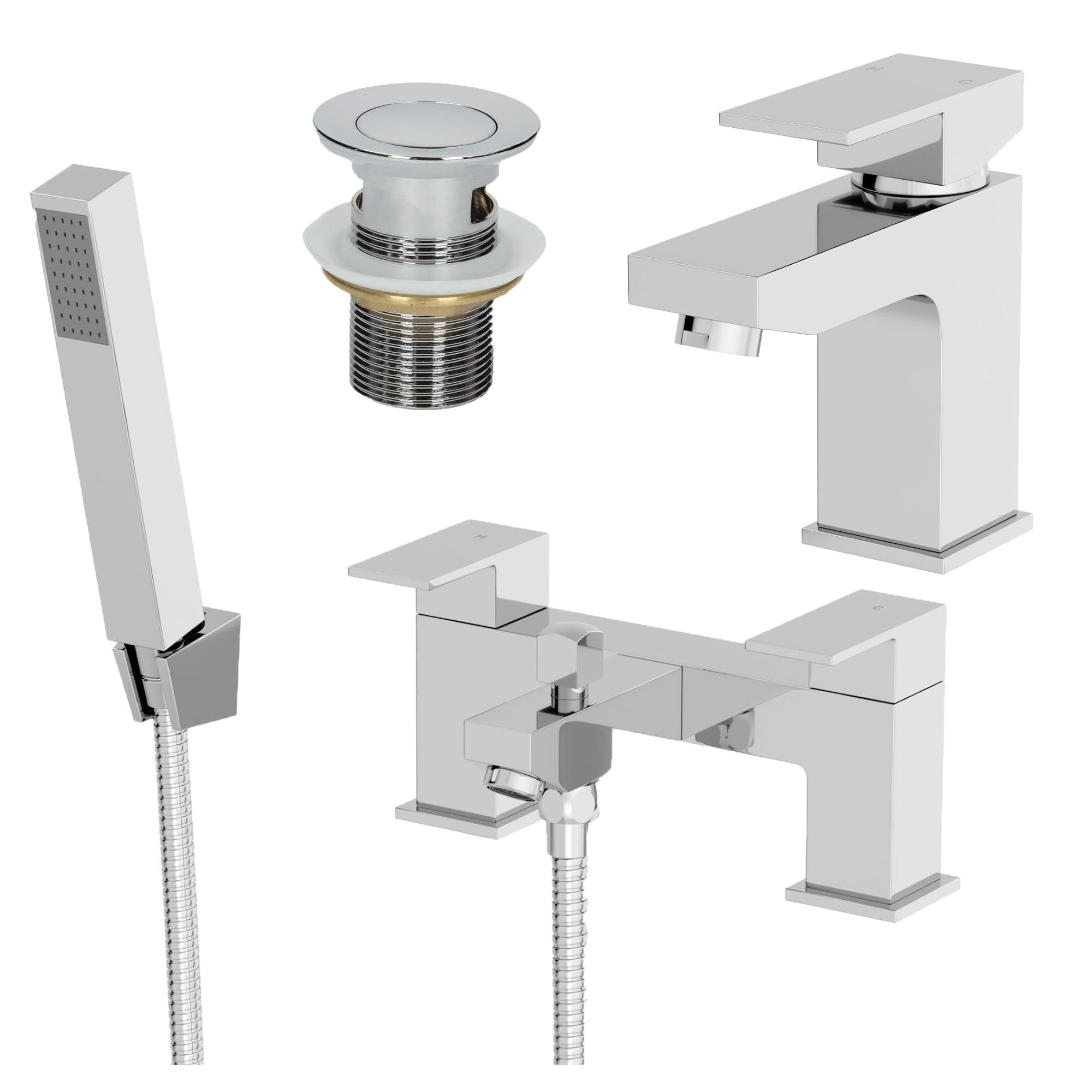 Architeckt® Ibbardo Bathroom Bath Shower Mixer Tap and Basin Tap with Waste Set Deck Mounted Square Twin Lever Handle Modern, Chrome