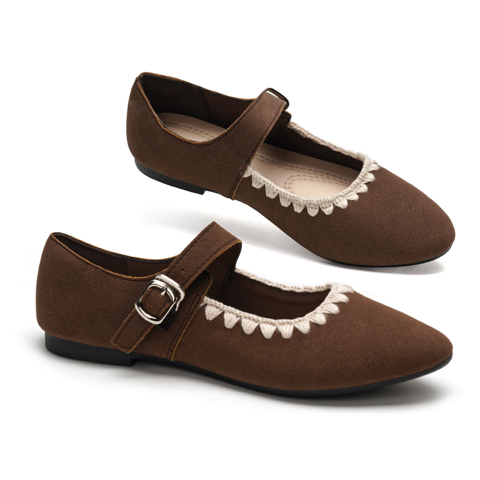 GLAMORA Ballerines Femme Mary Jane Effet Daim Bride Boucle Décorative Fermeture Rapide Crochet Chaussures Plates Souples Légères Bordure Tricotée Bout Rond Semelle Antidérapante Confort