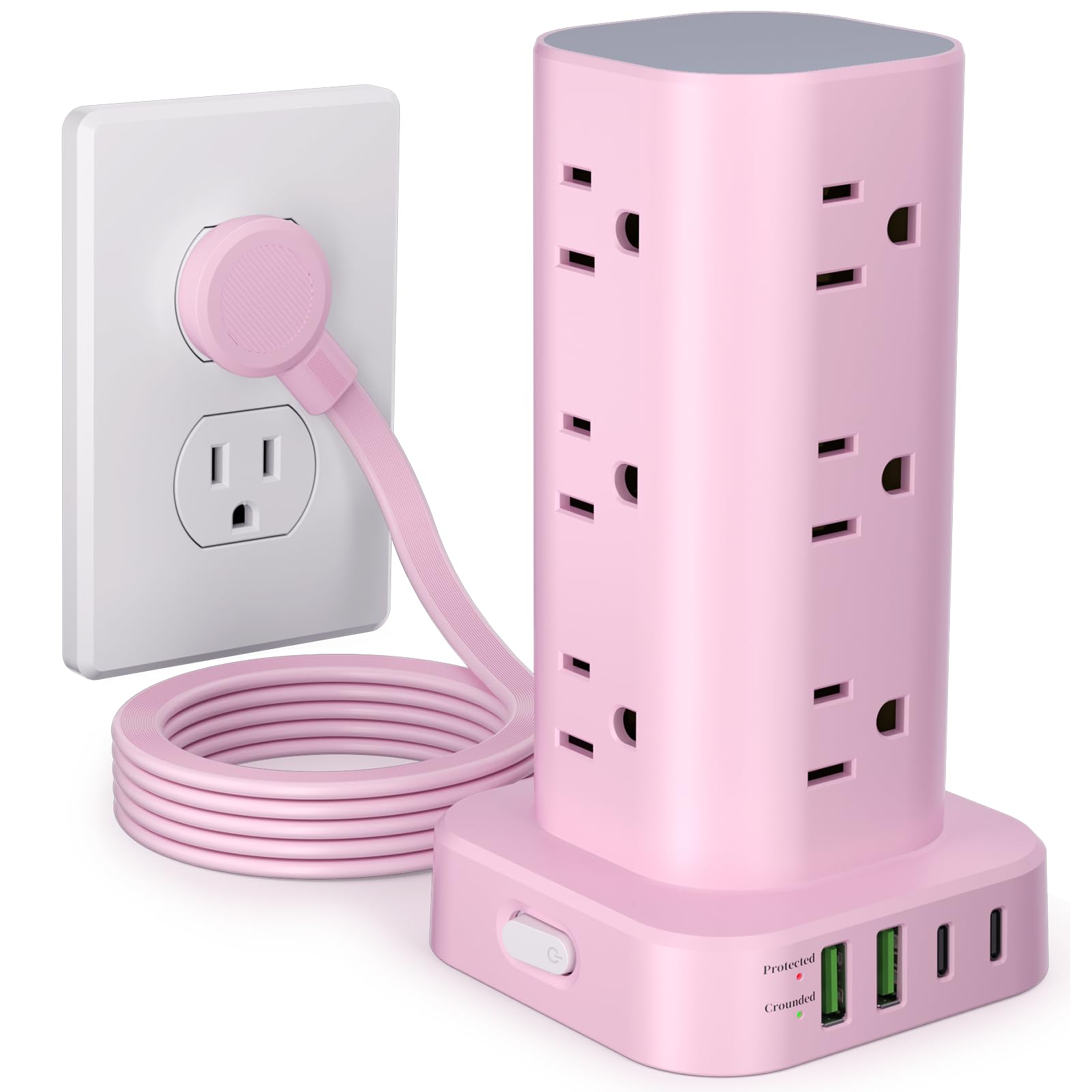 Power Strip Tower with Multiple Outlets, Flat Plug Surge Protector Tower Extension Cord with 12 AC Outlets 4 USB Ports (2 USB C), 6FT Cord Power Tower Surge Protector for Home Office Dorm Room, Pink Pink 6FT