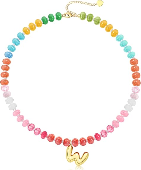 Initial Necklaces for Women, Beaded Necklaces for Women with Bubble Necklace Letter Stocking Stuffers for Teens Trendy Stuff Colorful Gemstone Choker 14k Gold Letter A-Z Pendant Summer Beach Christmas Birthday Jewelry for Her Girlfriend Sister