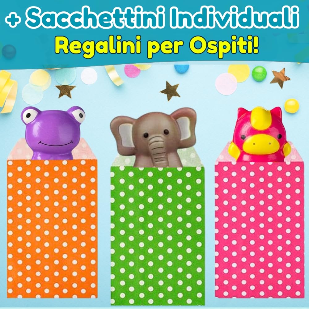 24 PCS Squishy Animali + Sacchetti Regalo Singoli, Giochi Antistress, Tocco Morbido, Espansione Lenta, Gadget Compleanno Bambini, Regalini Fine Festa Dopo Invitati | Pack 24 Squishy + Sacchetti Regalo