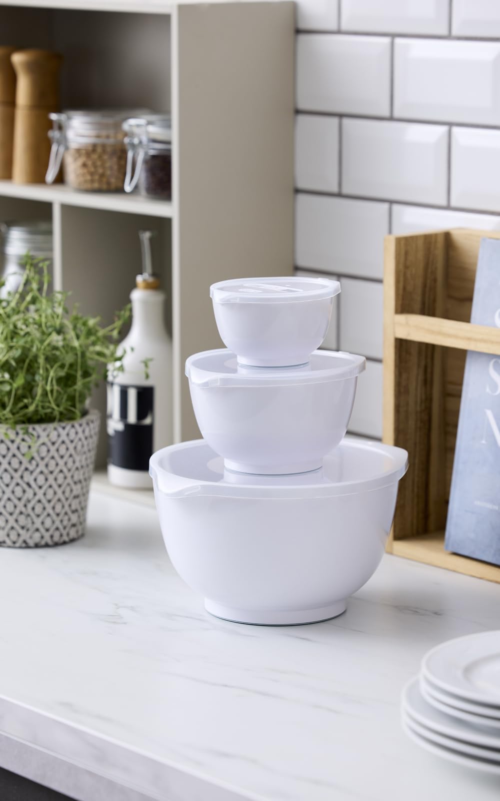 Rosti Margrethe Set de 3 Bols Mélangeurs en Plastique - 3 Couvercles Inclus - Saladiers Hermétiques - Saladiers Hermétiques - 0,25 litre, 0,75 litre et 3 litres, Blanc