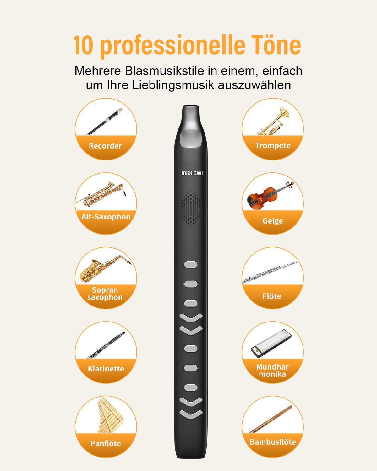 Instrument à soufflage numérique noir, prise en charge Bluetooth, MIDI, instrument à souffler électronique avec câble d'alimentation