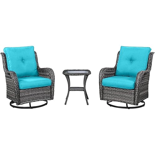 HUMMUH 3-Piece Swivel Rocking Rattan Chair Outdoor, Patio Bistro Furniture Conversation Set, Cushioned Wicker Chair with Glass Coffee Table(Grey,Blue)